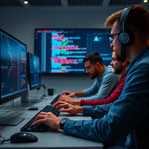 Two developers collaborating on code during a technical interview, highlighting problem-solving and teamwork.